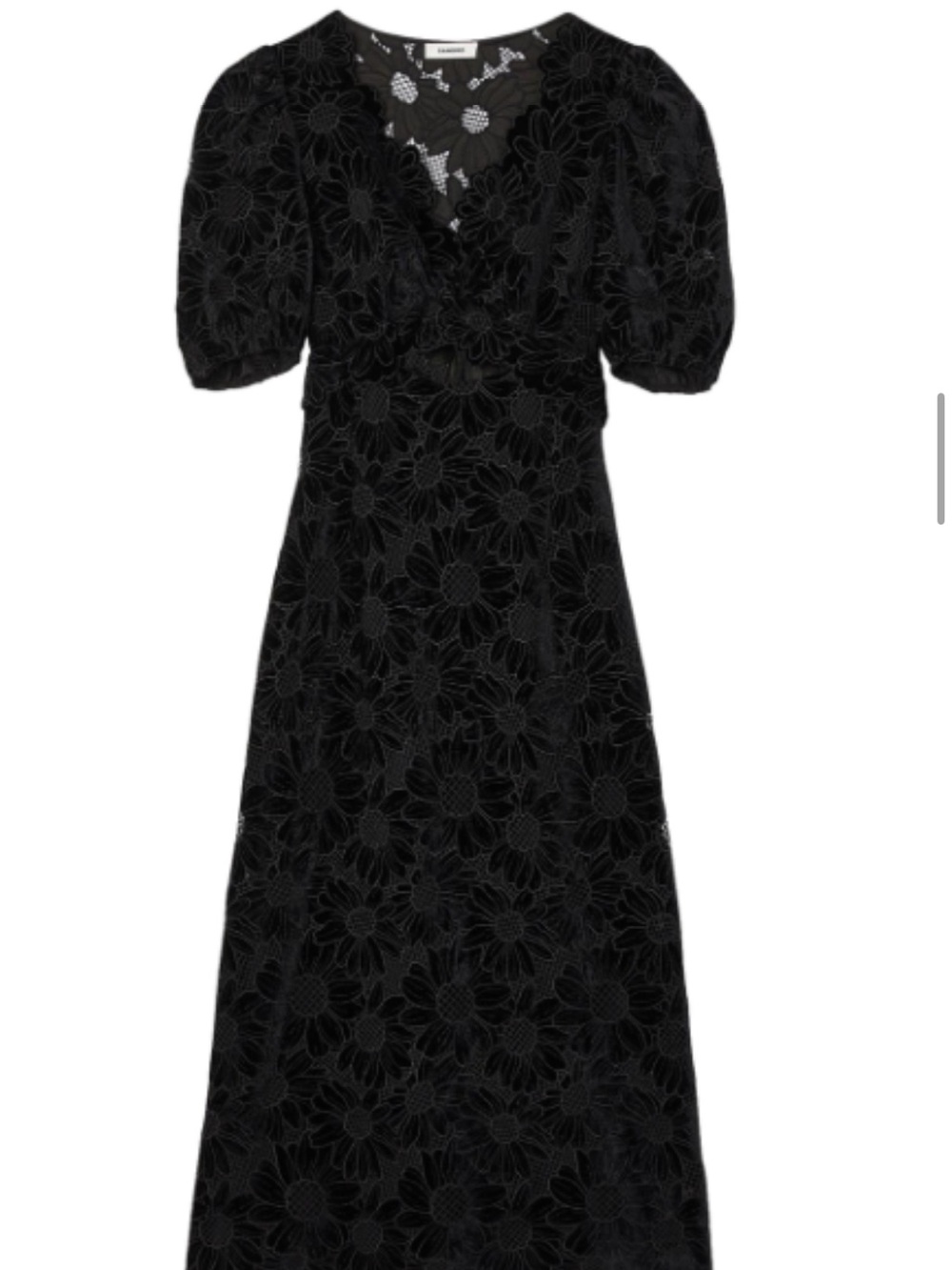 Sandro Black Floral Lace Midi Dress with Puff Sleeves